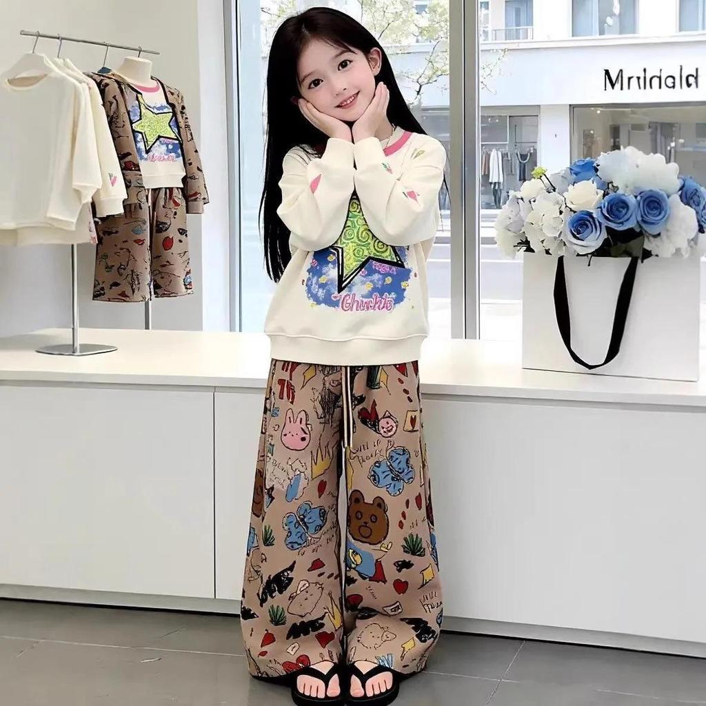 Girls' Casual Hoodie & Wide-Leg Pants Set - Cartoon Print, Versatile Two-Piece for Spring & Autumn