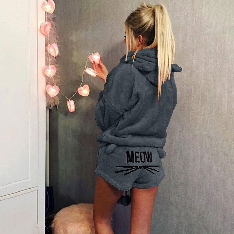 Dámská móda Jednobarevná teplá zimní pyžamová souprava Dvoudílné roztomilé kočičí pyžamo s kapucí Noční oblečení plus size S-5XL