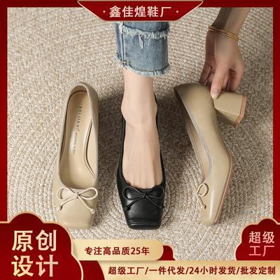 6669-6 French Temperament Bow Sheepskin Pig Nose Single Shoes Square Head Thick Heel High Heels Autumn New