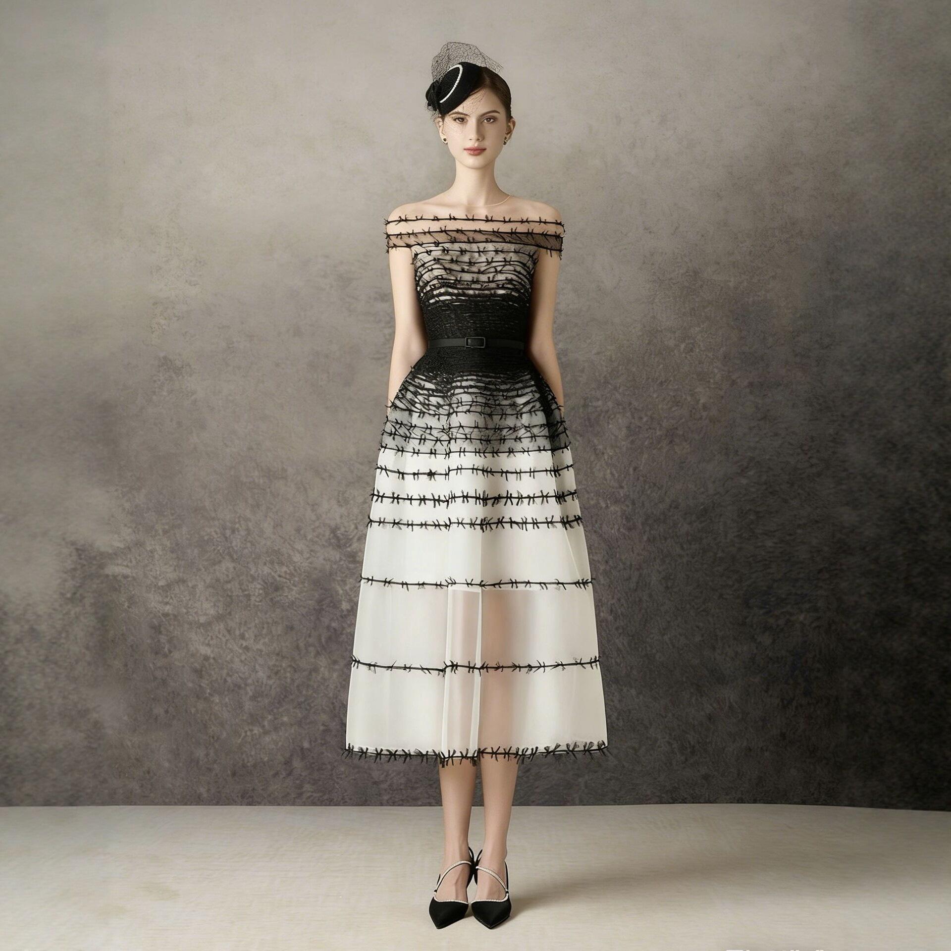 Elegant French-Inspired One-Shoulder Lace Midi Dress with Intricate Embroidery Medium