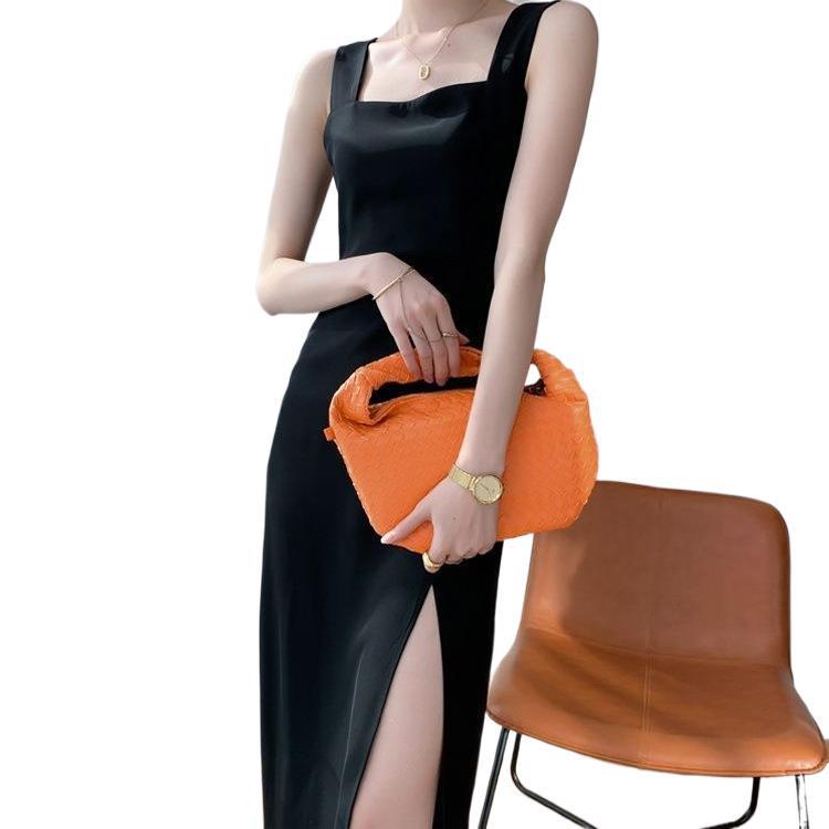 Elegant Black Square Neck Mid-Length Summer Dress with Slit