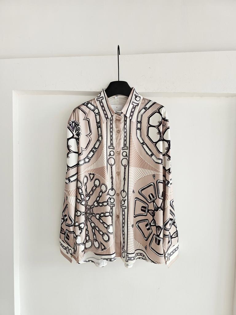 Light Luxury French Old Money Style Retro Rope Chain H Home Positioning Printing Long-sleeved Shirt Women's Fashion Shirt