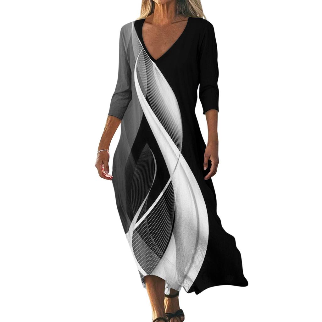 Dresses For Womens Vintage Print Tunic Waisted Midi Dress Summer Casual  3/4 Sleeve Dress