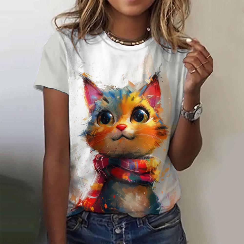 Street Pattern Girl Summer Casual Short Sleeve 3D Printed Women's Fashion Cat Women's T-shirt