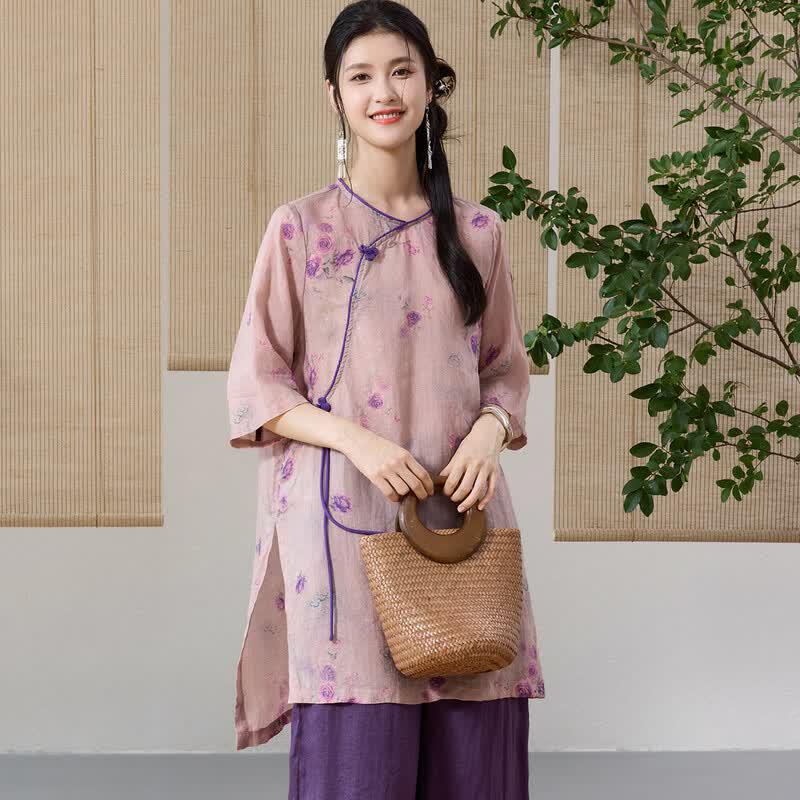 Women's New Chinese Style Ramie Midi Dress with Ink Bamboo Print