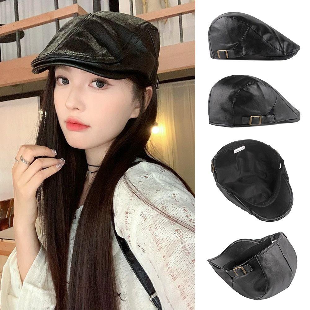 Fashion PU Beret Hat Casual Retro Painter Hat British Style Adjustable Leisure Visor Cap Men Women