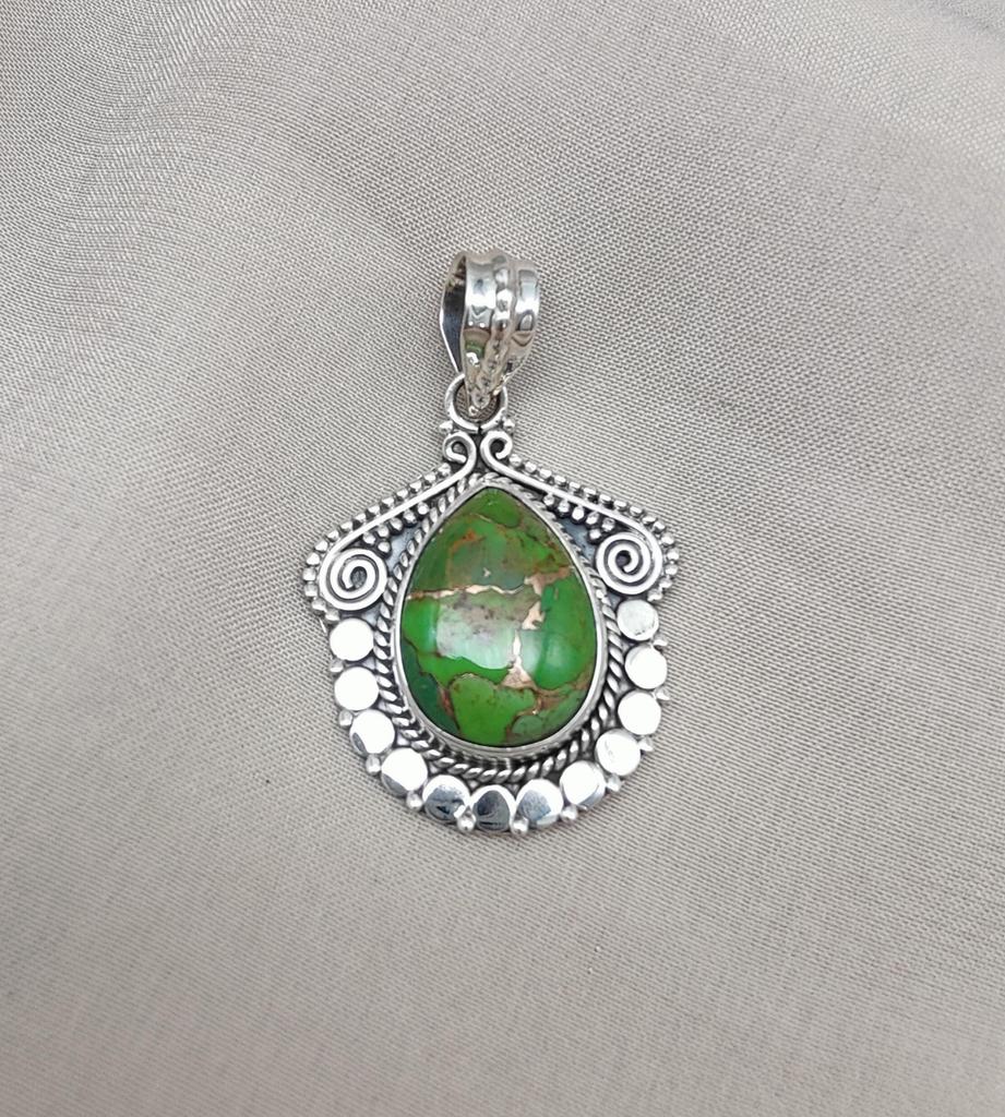 Green Copper Turquoise Pendant Necklace: 925 Sterling Silver Boho Jewelry