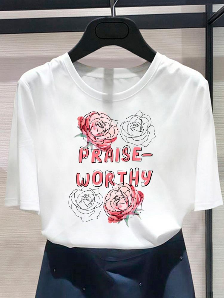 (Asian Size) style flower w 90s T shirt Print Women's Top O-neck Short Sleeve T-shirts Fashion Female Casual Clothing Graphic Tee