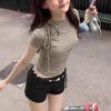 Bow moss green pleated front shoulder short-sleeved t-shirt women's summer new straps slim-fitting short top