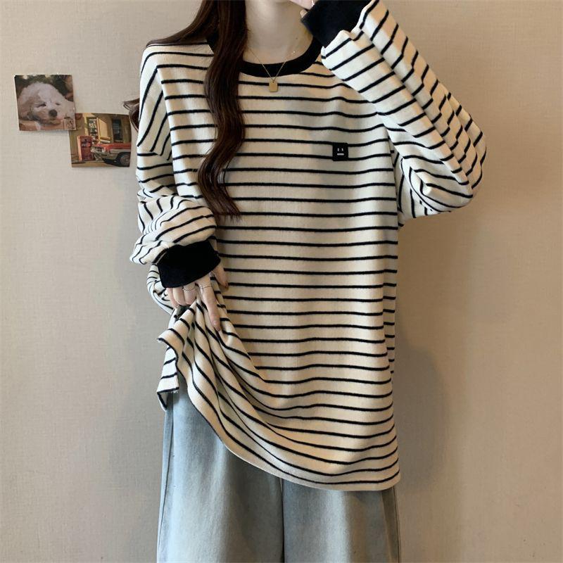 Women's Plus Size Striped Long Sleeve T-Shirt - 2025 Autumn/Winter Stylish Slimming Base Layer Top