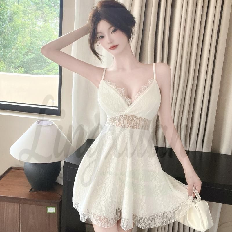 Spicy Girl Women s Sexy V-Neck Lace Trim Slim-Fit Camisole Dress Medium