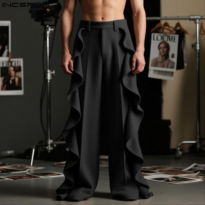 INCERUN Autumn Men Elastic Waist Irregular Ruffled Casual Long Straight Pants Trousers