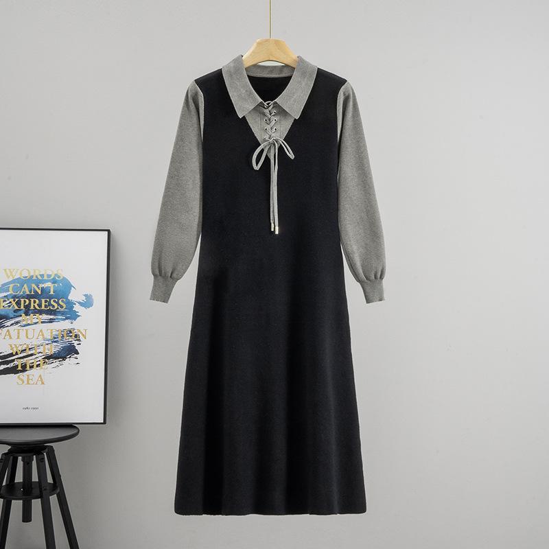 

Приталенное платье с длинным рукавом для осени и зимы, в корейском школьном стиле, молодежное, подчеркивающее талию и стройнящее, комплект из двух частей с ложной заплаткой one size серый