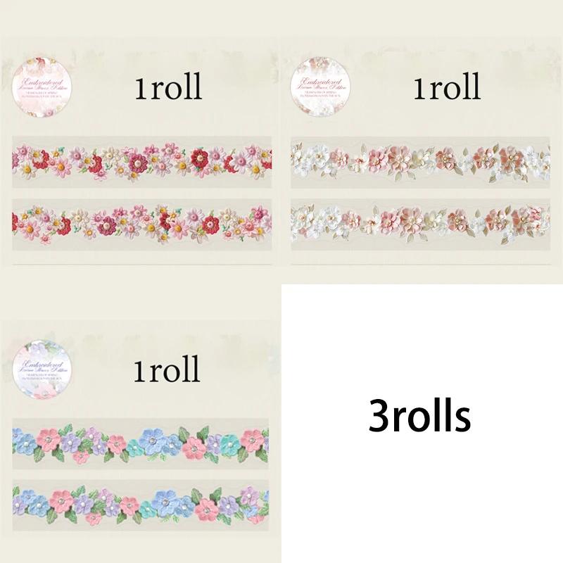 

3rolls Embroidered Dreams Flower Tape Series Die-cut PET Tape Handbook Material Collage DIY Scrapbook Photo Frame Card
