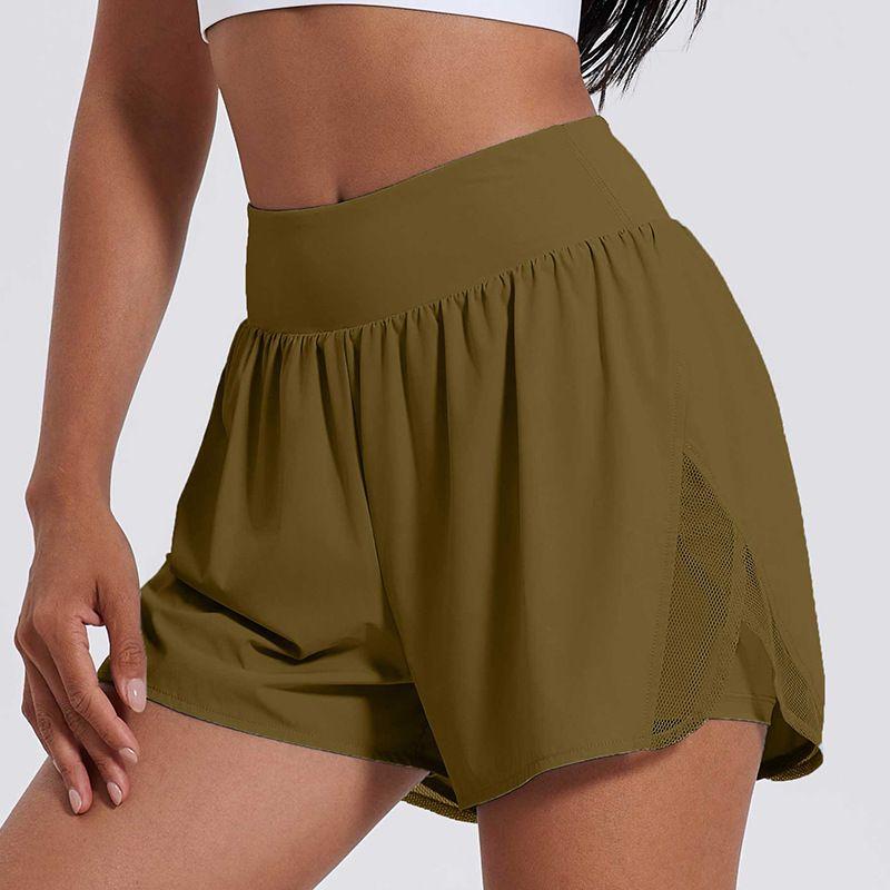 

Export New High Waist Slim Looking Sports Shorts Fashion Tape Fake Two-Piece Outdoor Running Gym Outdoor Cycling Pants Women Sand Brown M