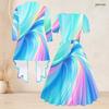 Women Plus Size Two Piece Outfit Square Neck Short Sleeve Tie Waist Flared Dress 3 4 Sleeve Open Cardigan Colorful Printed