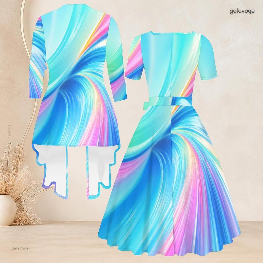 Women Plus Size Two Piece Outfit Square Neck Short Sleeve Tie Waist Flared Dress 3 4 Sleeve Open Cardigan Colorful Printed