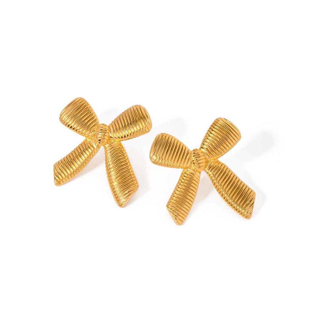 18K Gold Stainless Steel Bow Earrings: Colorfast Striped Studs for Women