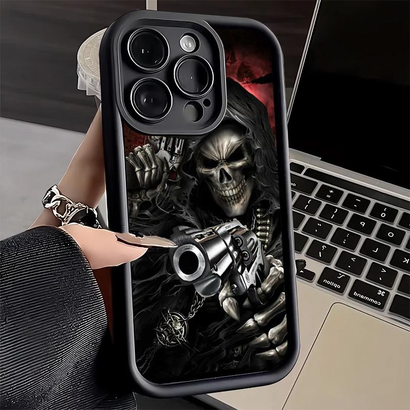 Coque de téléphone pour iPhone 17 Air 16E 15 16 Pro Max Crâne Squelette Faucheur Couverture Pistolet 14 Plus 13 12 Mini Coque Souple Silicone Fundas