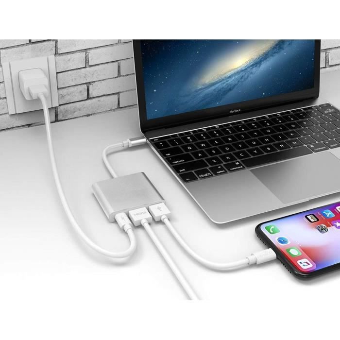 Adaptateur USB-C 3-en-1 vers HDMI 4K 30Hz + USB 3.0 (USB-A) - Multiport Plug & Play