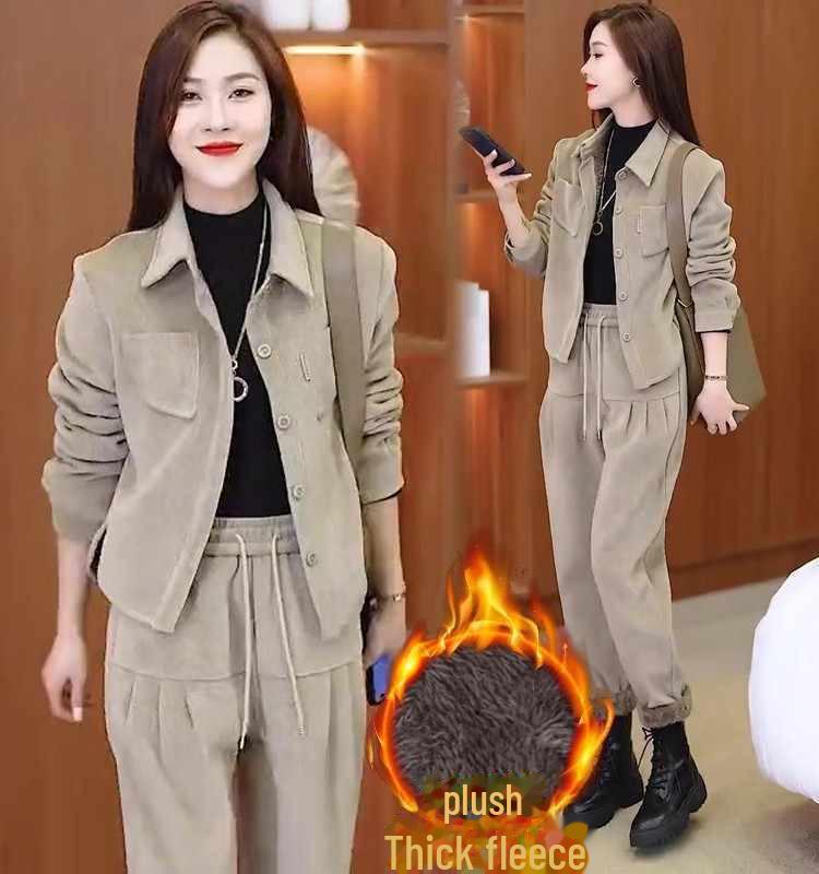 2024 Women's Korean Style Corduroy Two-Piece Suit: Autumn/Winter Fashion with Plush Velvet for Age-Reducing Elegance
