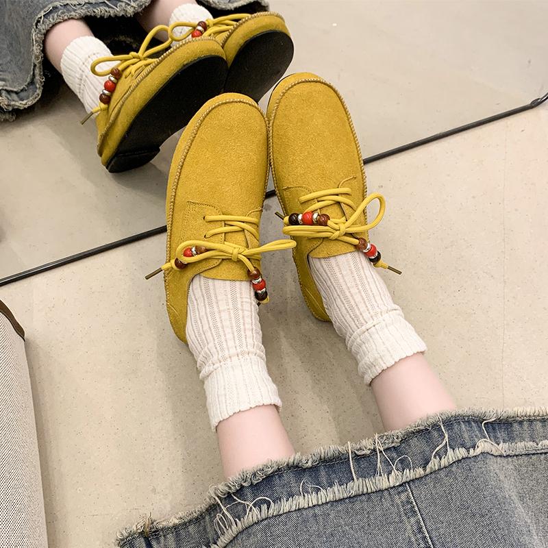 Fashion Plus Size Flats Fall New Round Toe Pile Beaded Front Lace-Up Soft Sole Non-Slip Wear-Resistant Single Shoes