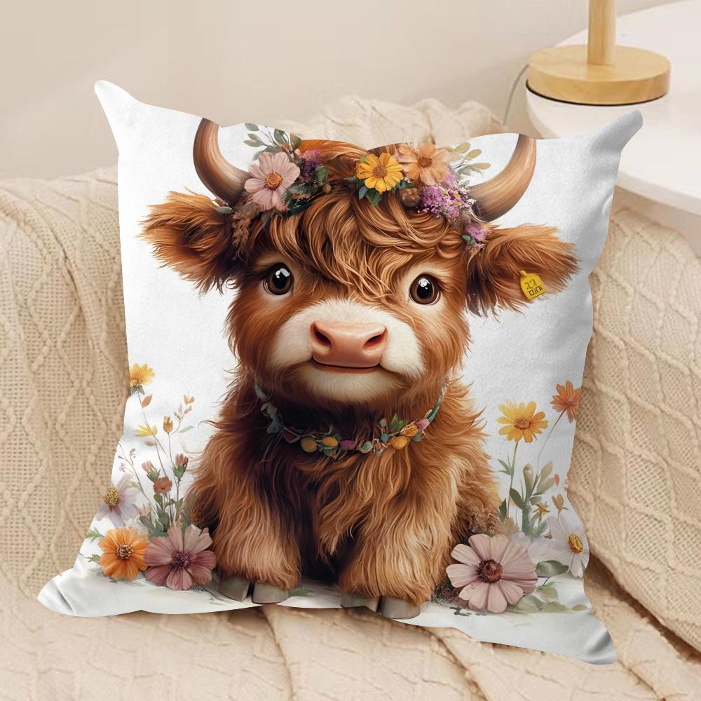 Capa de Almofada Vaca das Terras Altas e Flor Tecido de Pelúcia Macio Capas de Almofada Impressas em Ambos os Lados para Todas as Estações Decoração de Casa