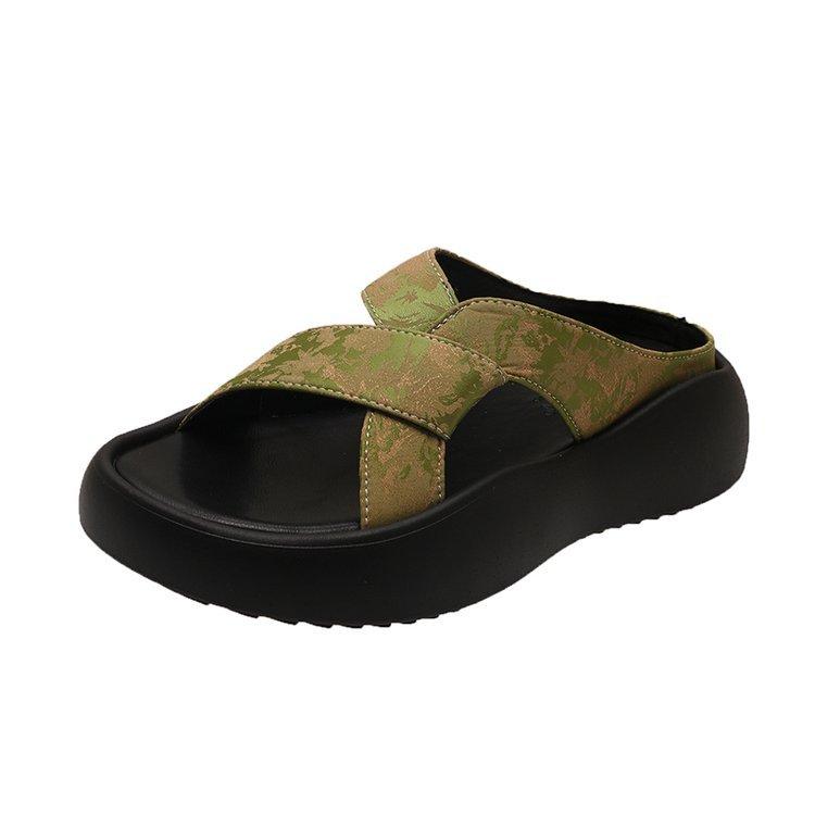 2025 spring and summer new slippers women's middle heel T-shaped muffin sole comfortable soft sole non-slip women's shoes one-word slippers
