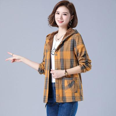 Herbst und Winter Übergröße Damen Kurzer Verdickter Cardigan Kapuzenmantel Knöpfe Karomuster Abschnitt Warme Lässige Jacke