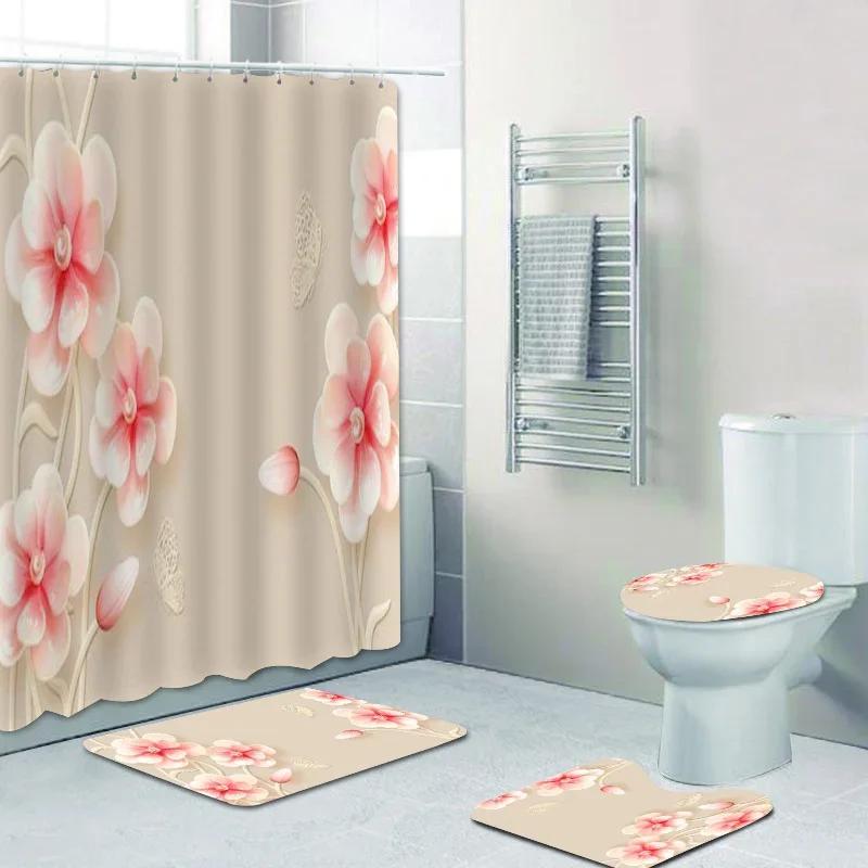 Elegant Bouquet of Fantastic White Flowers 3D Style Shower Curtain Bathroom  with Bath Rug Carpet Set Floral Home Decor