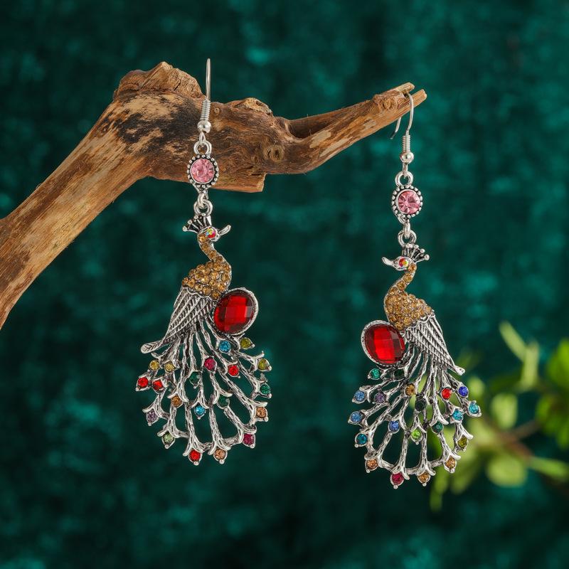Blue Drop Oil Rhinestone Peacock Earrings for Women Ethnic Vintage Long Silver Color Geometric Animal Earrings Boho Jewelry Gift