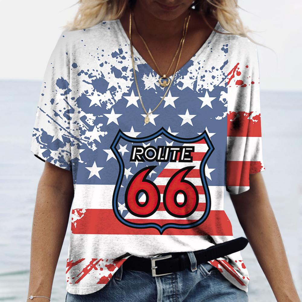 

Жіноча вінтажна футболка з принтом US 66 Route, з V-подібним вирізом, оверсайз, вуличний одяг, одяг Harajuku, жіночий повсякденний топ з коротким рукавом, футболки L