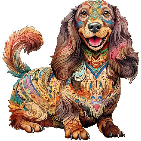 Wooden Puzzle for Adults, Long-Haired Dachshund Dog Wooden Jigsaw Puzzle, Unique Shape Animal Wood Puzzles with Beautiful Box, Family Game Gifts Medium