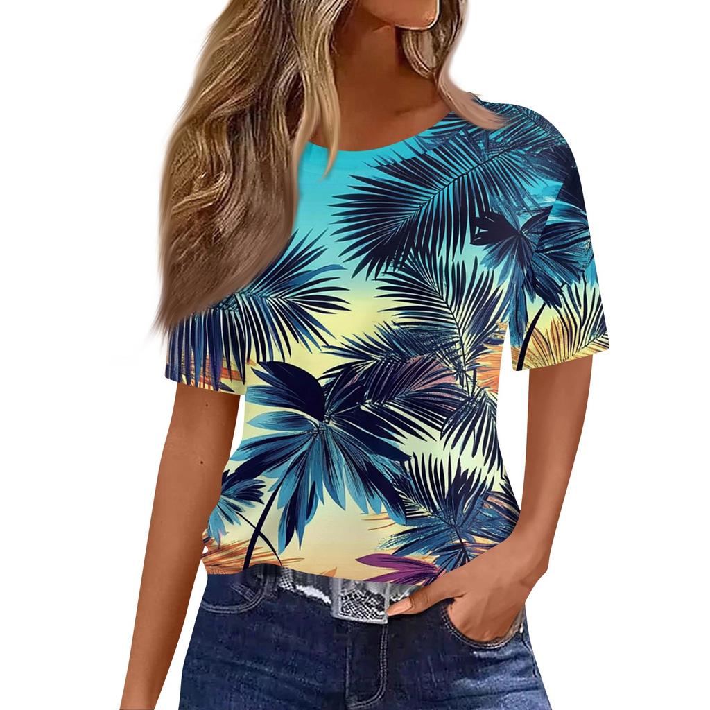 Top Pullover Casual Alla Moda da Donna a Manica Corta Stampato con Girocollo