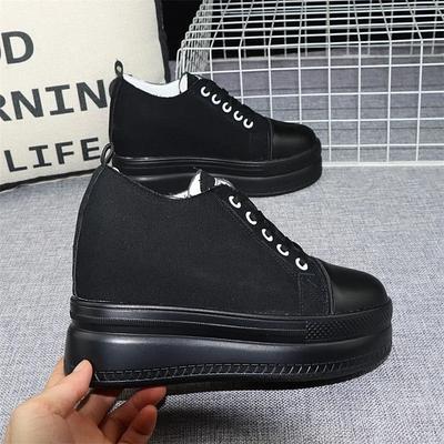 Thick-soled Canvas Shoes Women's Autumn  New Lace-up Black Shoes All-match Breathable Inner Increased 10cm Casual Shoes