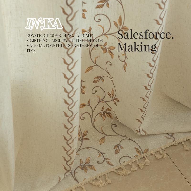 American Style Cotton Linen Fringe Embroidered Floral Semi Blackout Short Curtains for Living Room Bedroom Balcony Kitchen