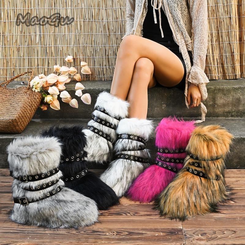 Fashion Faux Fur Boots Women Winter Snow Boots Luxury Fluffy Fuzzy Short Botas Warm Cozy Mid-Calf Botas Mujer Cross Belt Buckle PlusSize