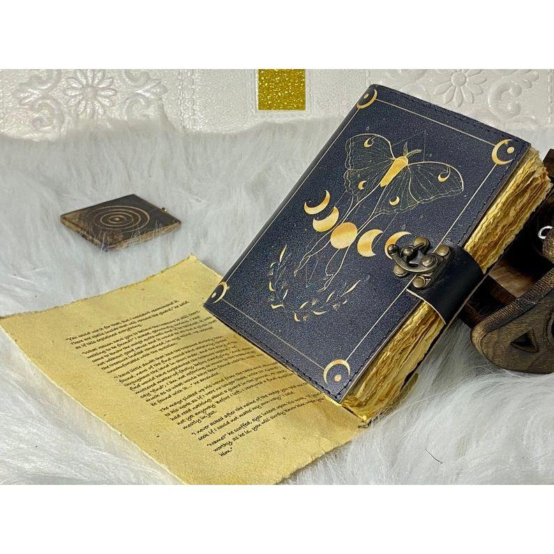 Blank Spell Book of Shadows Handmade Vintage Leather Journal Junk Journal Luma Moth Journal Spell Book Leather Gifts for Men and Women