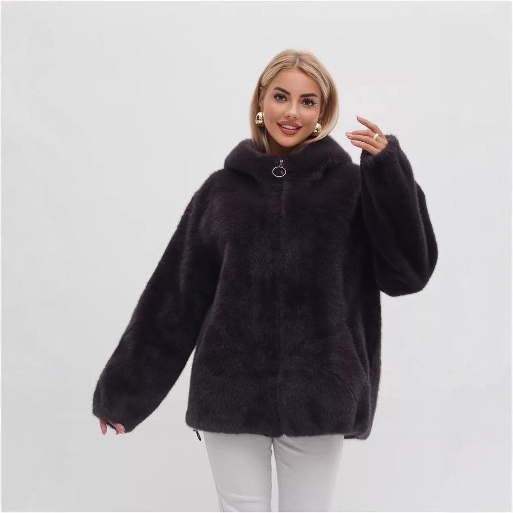 Women's Hooded Long Sleeve Zip Up Faux Fur Oversized Streetwear Winter Coat Jacket