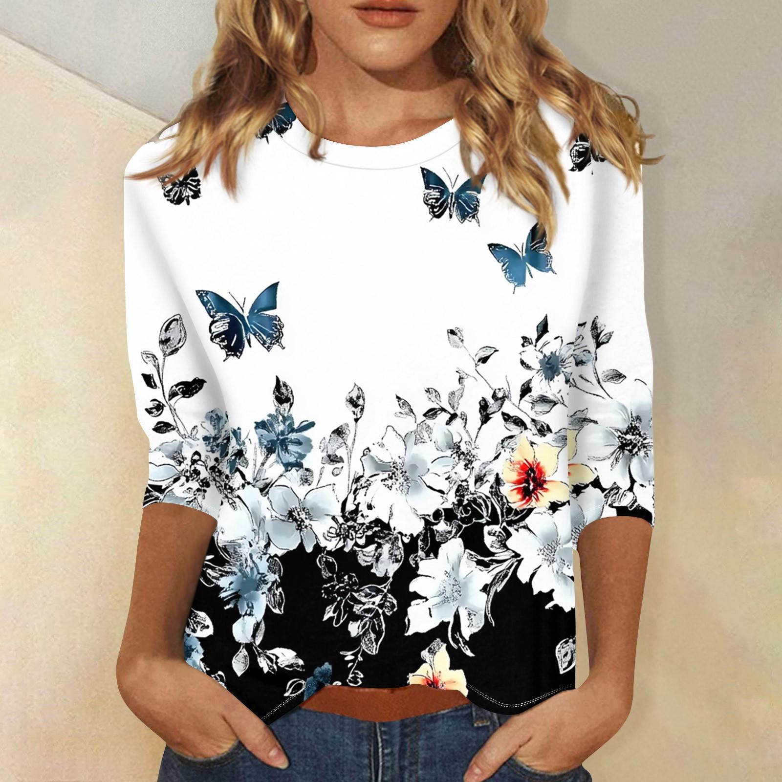 

Женская мода повседневный топ с рукавом три четверти с цветочным принтом и круглым вырезом L чёрный