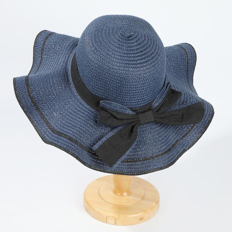 Summer bow straw hat beach hat big eaves streamer vacation play outdoor breathable sunshade wavy edge sun protection hat
