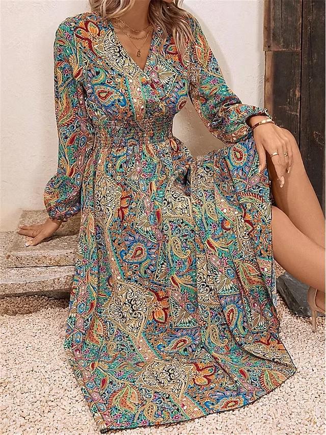 2023 Women's Autumn/Winter V-Neck Print Long-Sleeve Dress