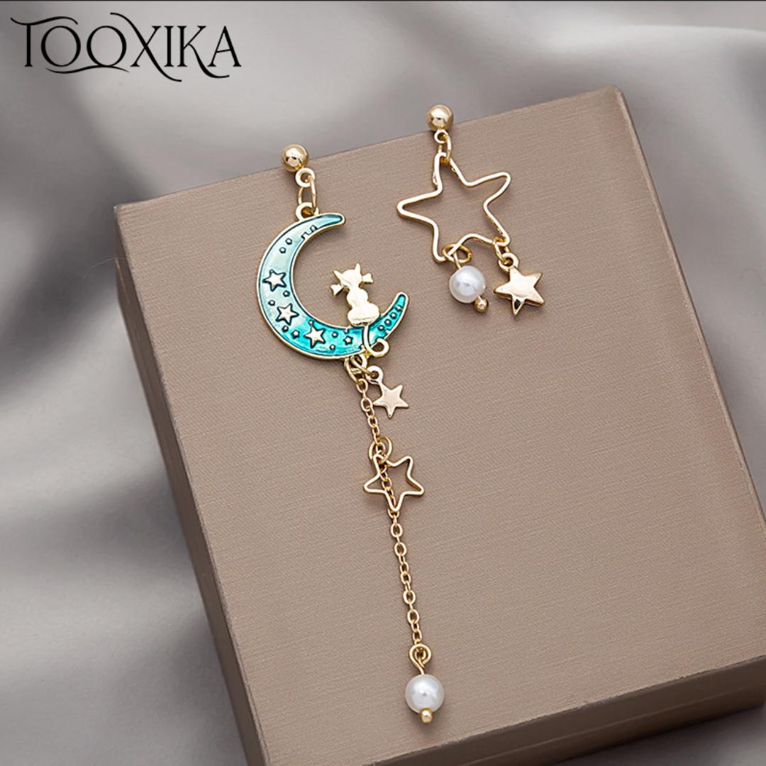 

Tooxika Simple Creative Moon Cat Rabbit Five-pointed Star Asymmetrical Earrings Sweet Girl Small Animal Earrings