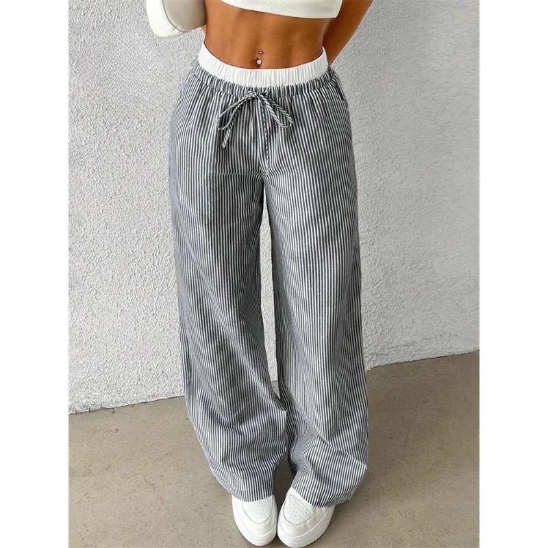 Women's Casual Striped Woven Wide Leg Pants Fall Winter 2024 Casual Stylish Full Length Trousers Y2K Clothes Streetwear