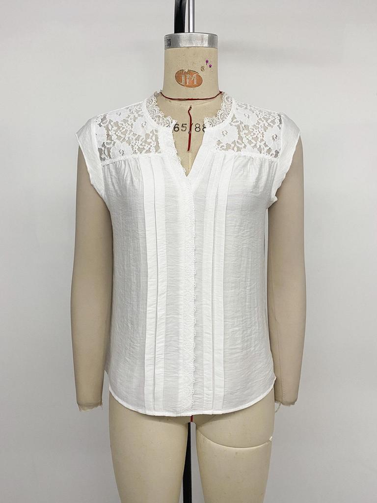 Europe Summer 2026 White V-Neck Puff Sleeve Lace Spliced Top for Women