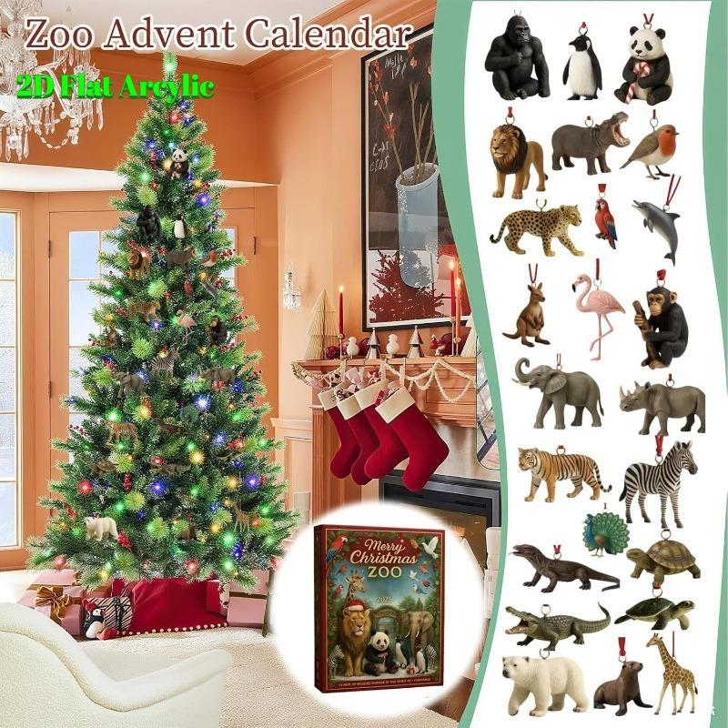 Zoo Advent Calendar, Merry Christmas Countdown Calendar with 2D Flat Acrylic Animal Collectible Pendant, 24 PCS Animal Ornaments for Teens Kids