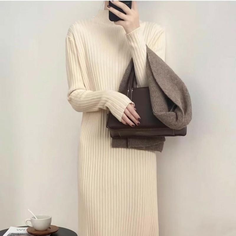 Otoño Invierno Nuevo Color Sólido Cuello Medio Alto Manga Larga Moda Vestido de Punto Mujer Alta Calle Vestidos Casuales Elegante Bata