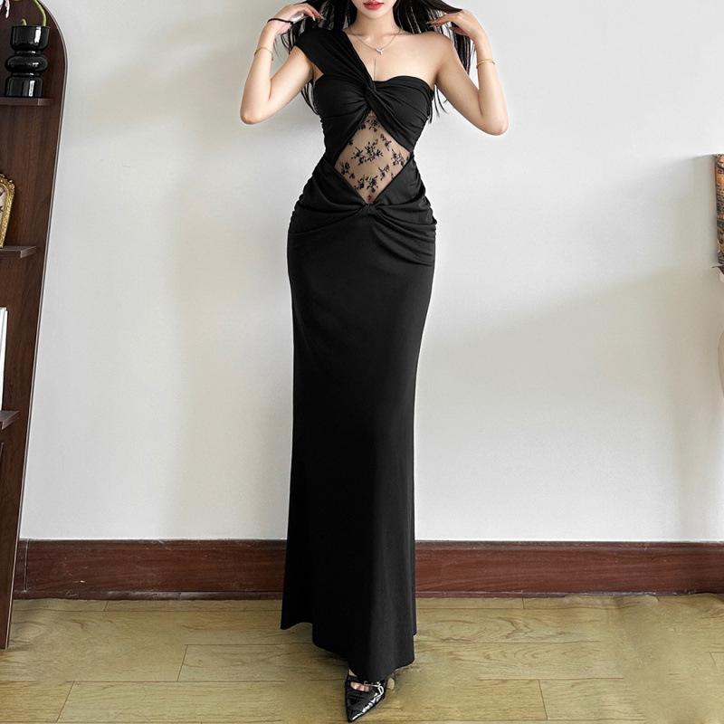European and American Style Summer New Women's Clothing Solid Color Hollow Lace Pattern Slash Shoulder Pleated Long Dress Dress
