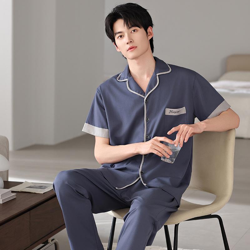 Pajamas Men's Summer Cotton Short Sleeve Trousers Men's Thin Summer Large Size Half Sleeve Men's Summer Loungewear Set