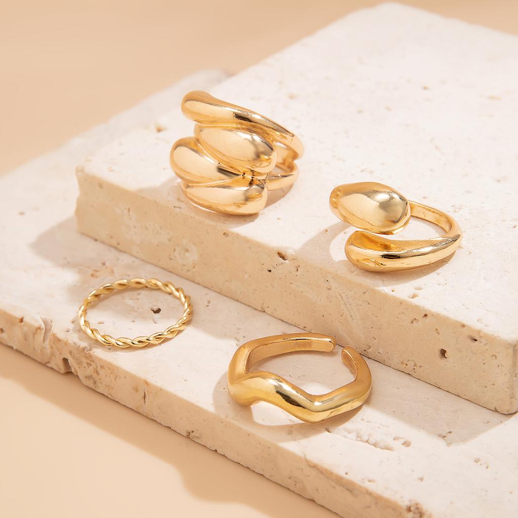 IngeSight.Z 4Pcs Punk Adjustable Open Gold Color Ring Fashion Smooth Metal Ring Set Women's Aesthetics Party Jewelry
